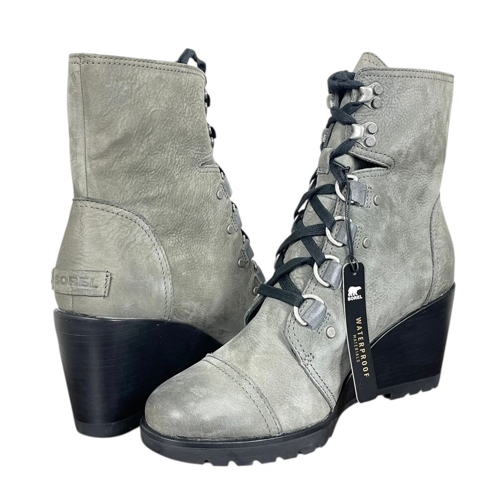 NEW Sorel After Hours Lace Up Boots Gray Leather Women’s 10 Wedge Waterproof